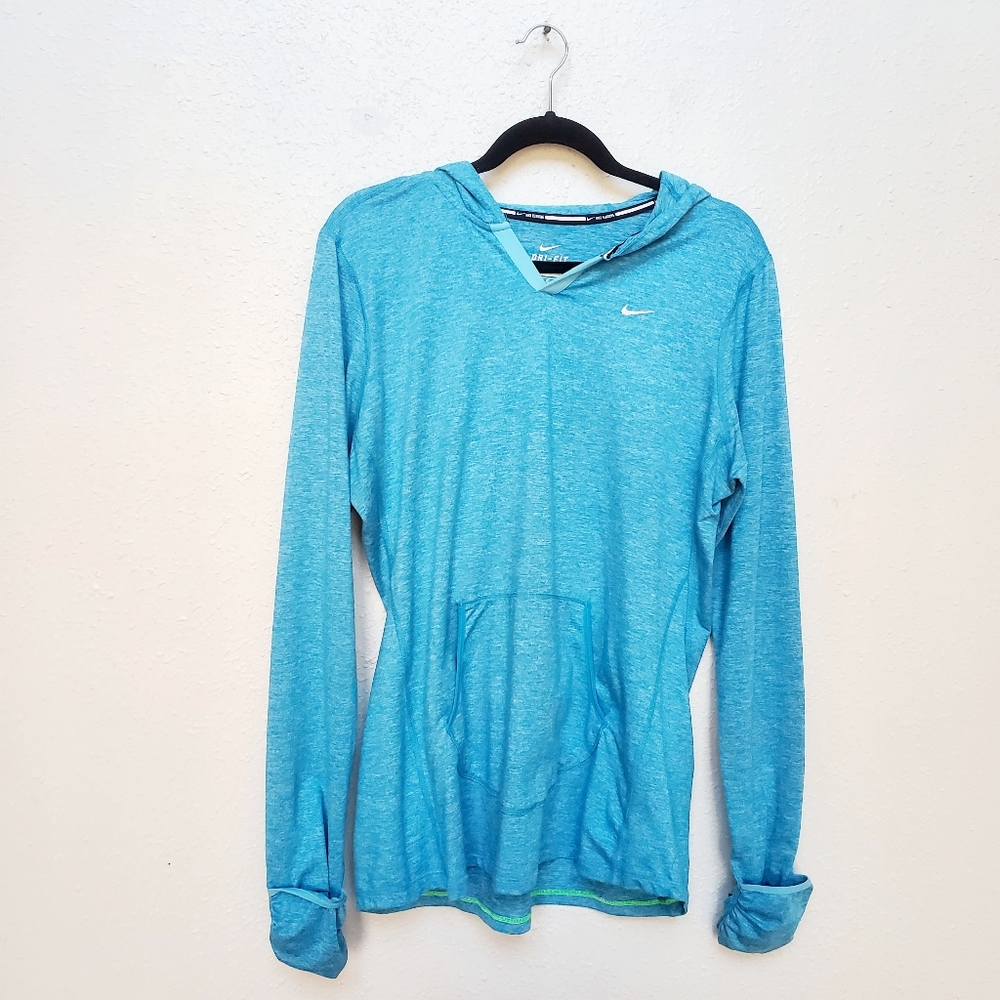💥NIKE Womens Size XL Turquoise Blue Dri-fit Hoodie Sweatshirt Cuffed Thumbholes